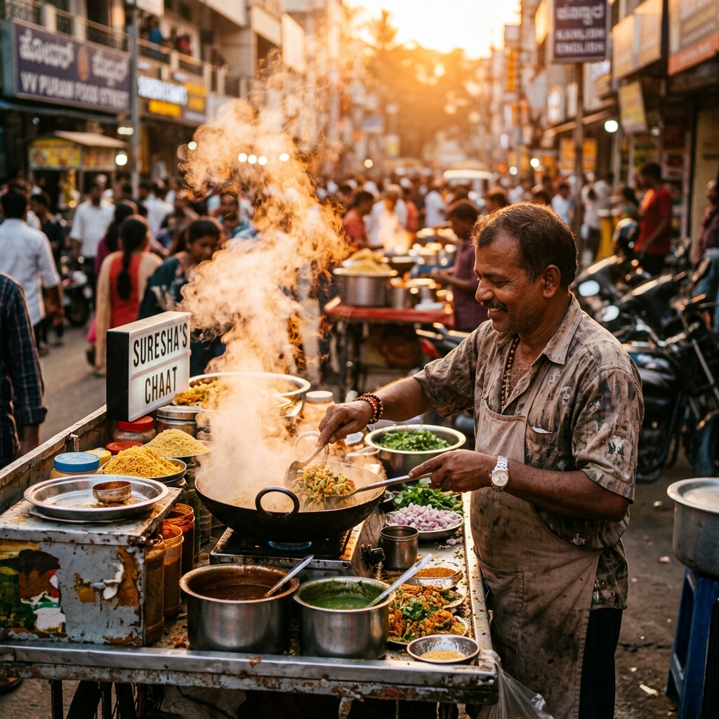 Bengaluru street food vendor at golden hour
